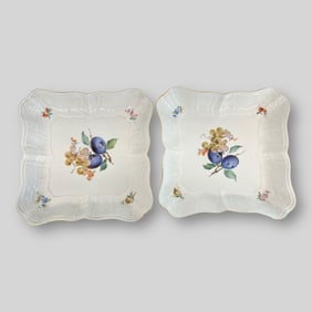 Antique Pair of 2 Meissen Germany Porcelain Square Bowl/Plate Blueberry Grape