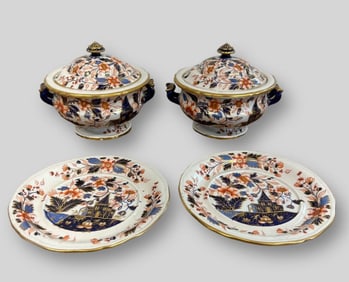 Lot of 2 Davenport Imari Design Stone China Porcelain Soup Tureens & Underplates
