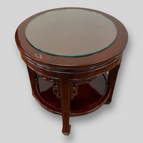 Chinese Asian Oriental Wooden Sidetable with Glass Top