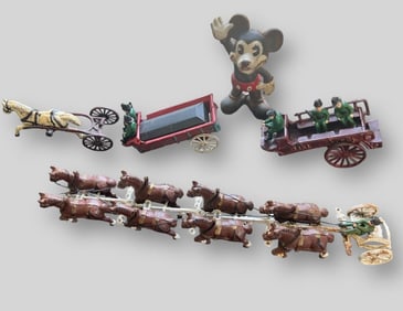 Lot of Vintage Cast Iron Toys + Mickey Mouse Figure
