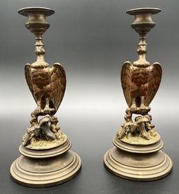 Antique Pair of Bronze Eagle Candlestick Holders