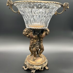 Antique 19th Century French Gilt Bronze & Crystal Figural Centerpiece Bowl