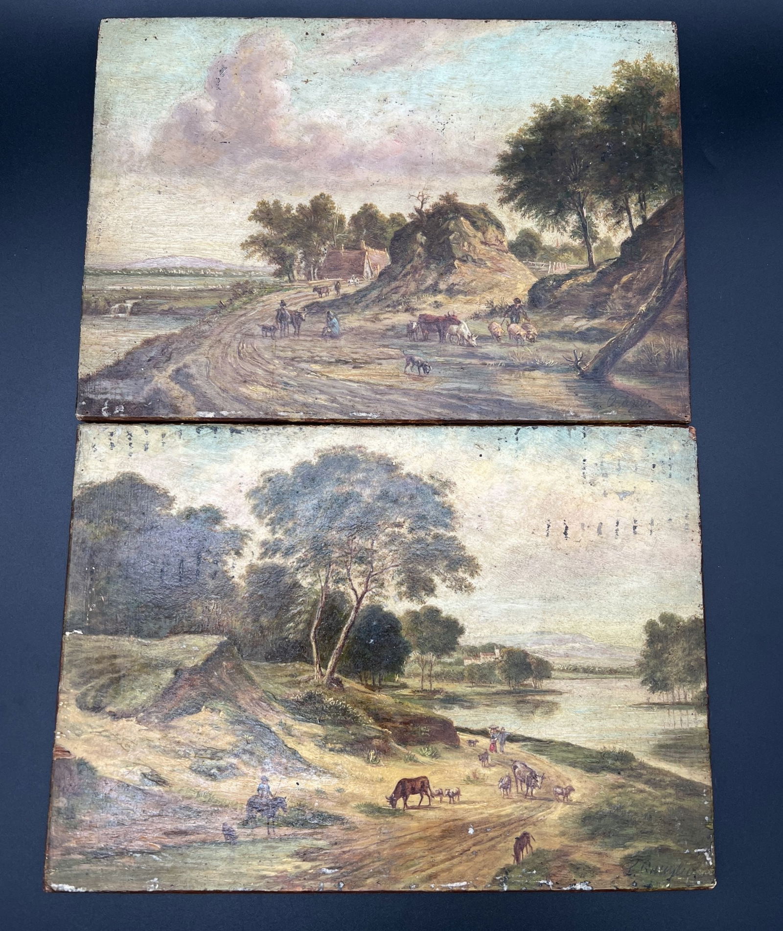 Lorenzo Quaglio The Younger (German, 1793-1869) Oil Paintings: Lorenzo Quaglio The Younger (German, 1793-1869) Oil Paintings. Lot of 2 Lorenzo Quaglio the Younger (German, 1793-1869) oil paintings on wood panels. Landscape scenes with people and animals. Signed b