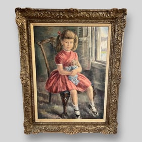 Paul D. Ortlip (Englewood, NJ, USA, b. 1926) Oil Painting Portrait of Seated Child & Doll