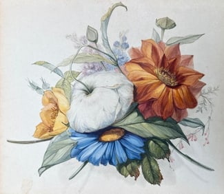 Antique Illegibly Signed Watercolor Painting of Flowers