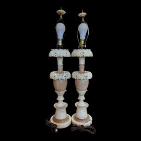 Pair of Exquisite Antique Carved Alabaster / Marble Lamps