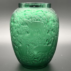 Lalique France Green Glass Deer Vase "Biches".