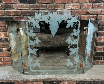 Vintage Etched Glass Fireplace 3 Panel Fireplace Screen