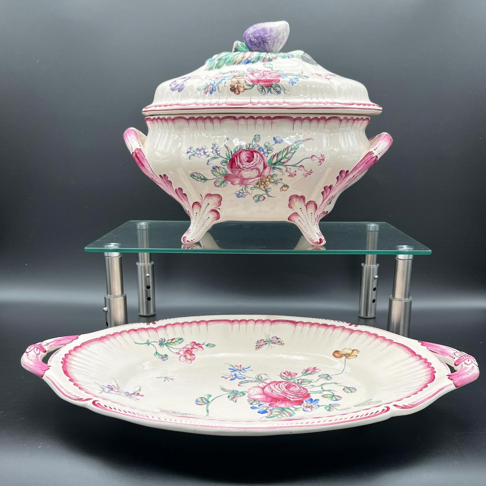 Antique Porcelain Floral Pink Tureen & Under Tray: Antique Porcelain Floral Pink Tureen & Under Tray. Tray Size: 1.75" x 17" x 12", Bowl Size: 9.50" x 11.50" x 7.50". Marked 'VP.'