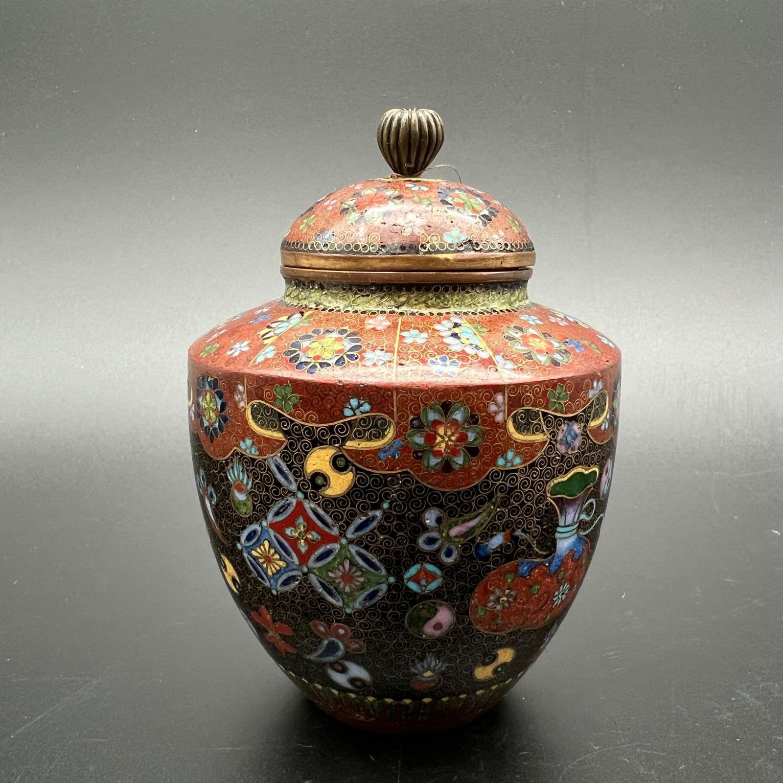 Antique Cloisonne Floral Lidded Small Jar Urn (1 of 10)