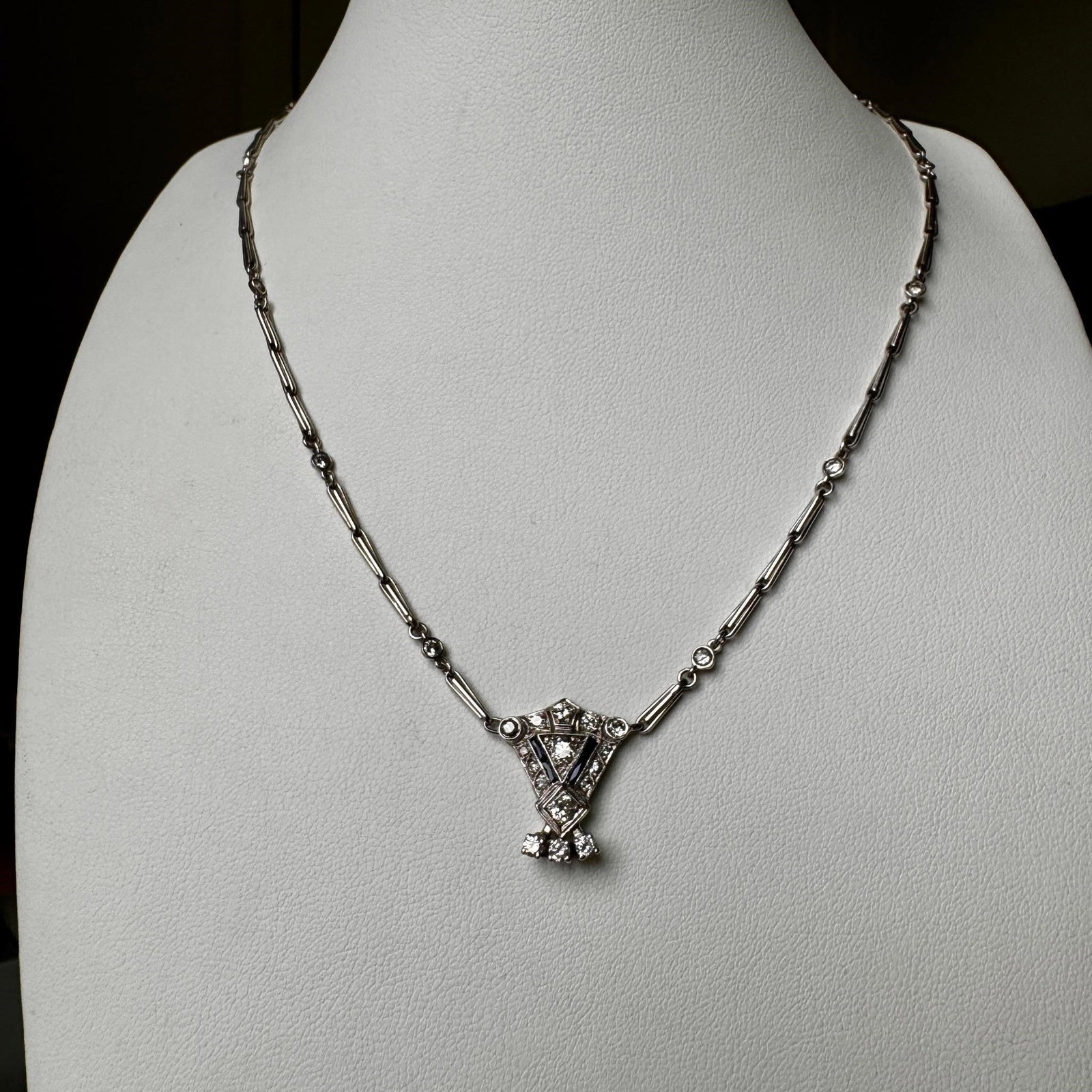 Deco 18K Gold Diamond Necklace Jacques Kreisler: Art Deco 18K White Gold Diamond Necklace Jacques KreislerApproximate weight: 14.9 grams; length: 18.5".