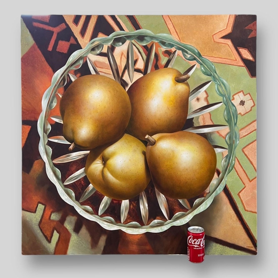 James Tormey (American, 1938-2017) Oil Painting: Still life oil on canvas of pears in a crystal bowl. Signed bottom right.Dimensions (in): 32" x 32" x 0.75".Born in Manhattan, James Tormey studied art at the Art Students League of New York, the Prat
