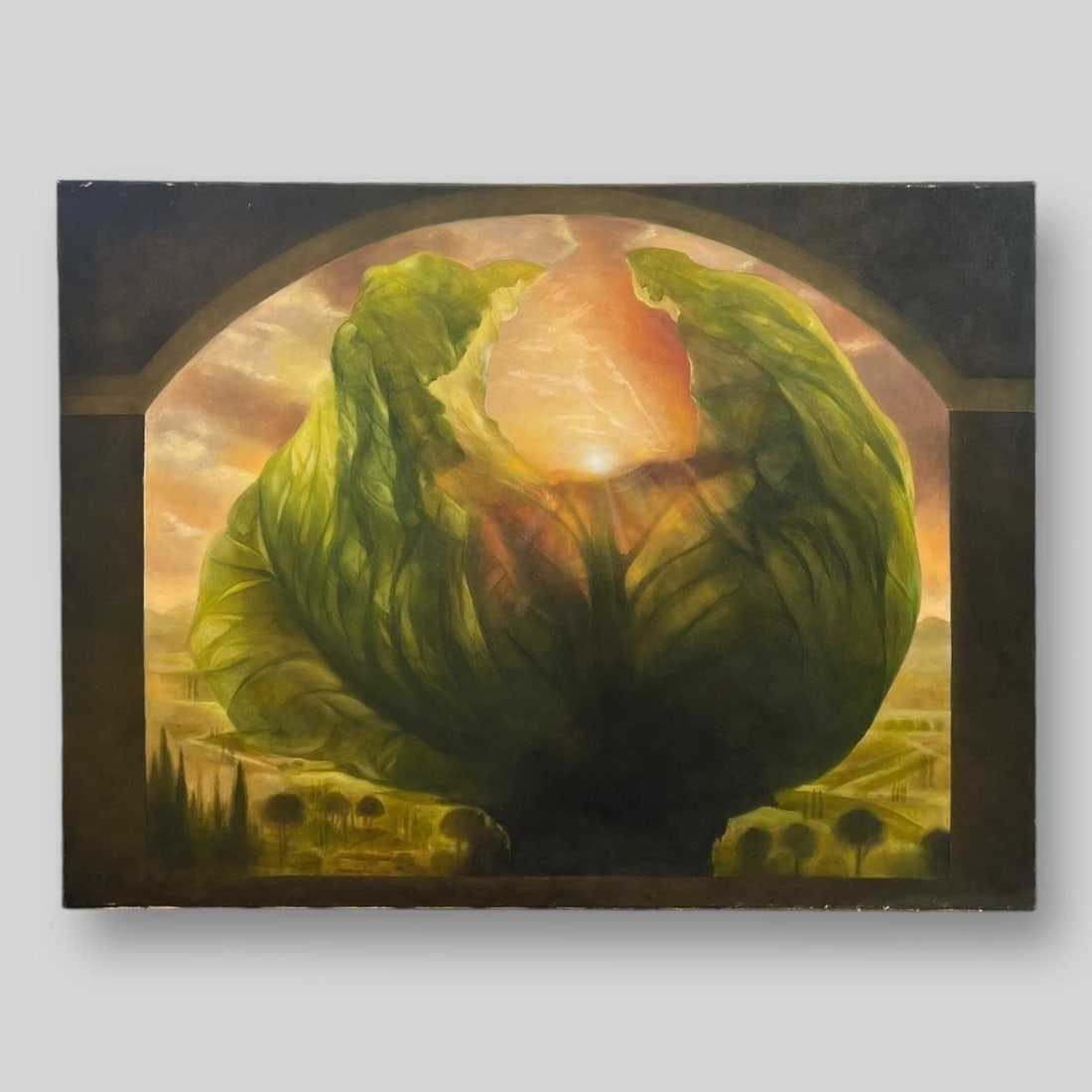 James Tormey (American, 1938-2017) Oil Painting: Oil on canvas of a cabbage head against a rural landscape. Dimensions (in): 30" x 40" x 0.75"Born in Manhattan, James Tormey studied art at the Art Students League of New York, the Pratt Institute and