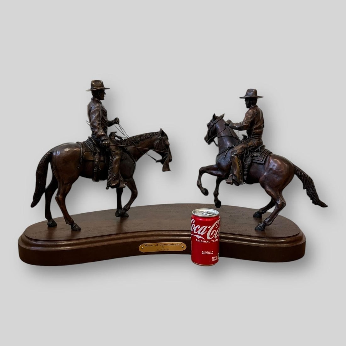 Master of Communication by RL Curtin Sculpture: Depicts two men riding horseback. RL Curtin (Unkown.)Dimensions (in): 14.75" x 24.75" x 9.50"The entire proceeds from this sale will benefit Bergen County Horse Rescue in Mahwah, NJ. To learn more ple
