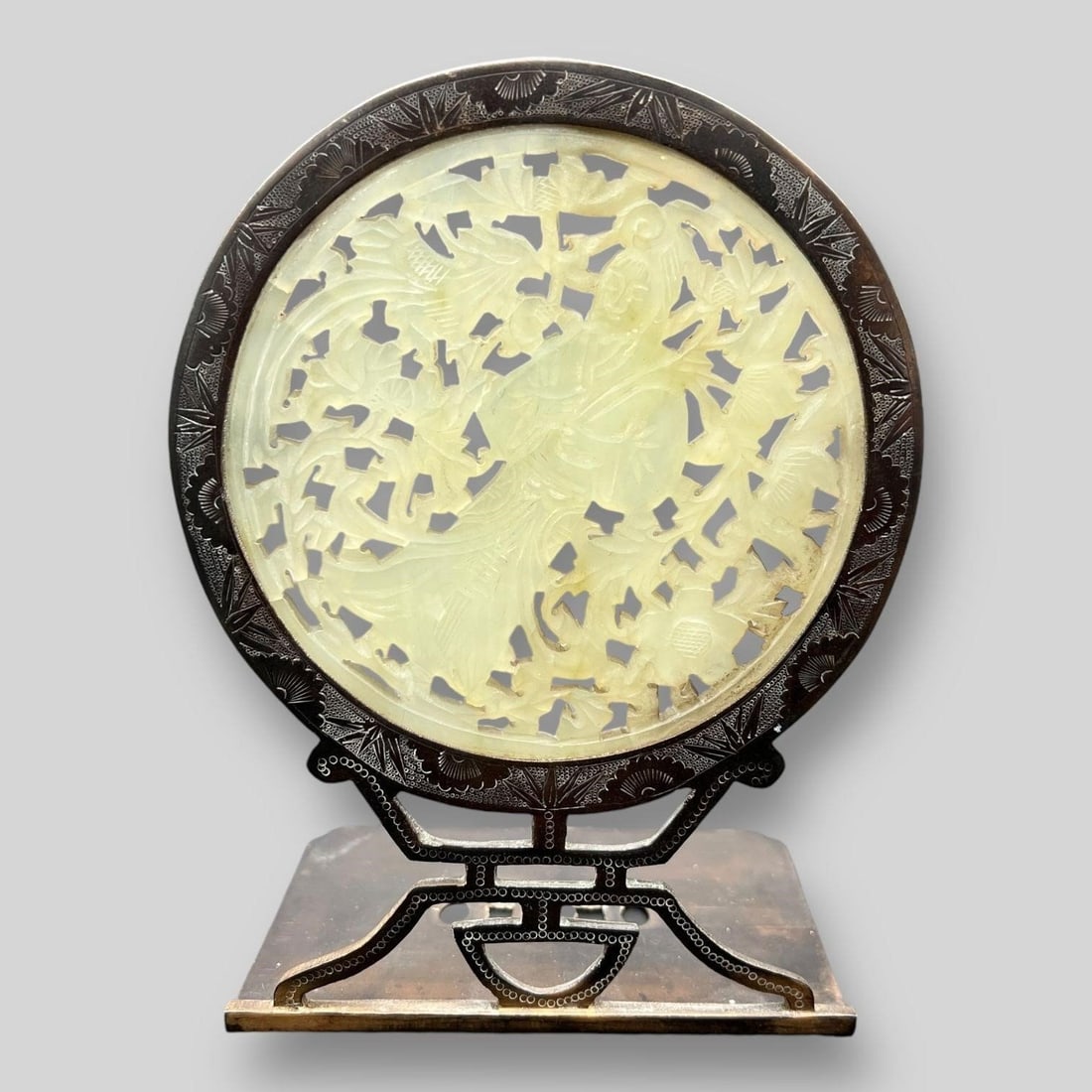 Chinese Brass Bookends w/ Carved Jade Plaque (1 of 11)