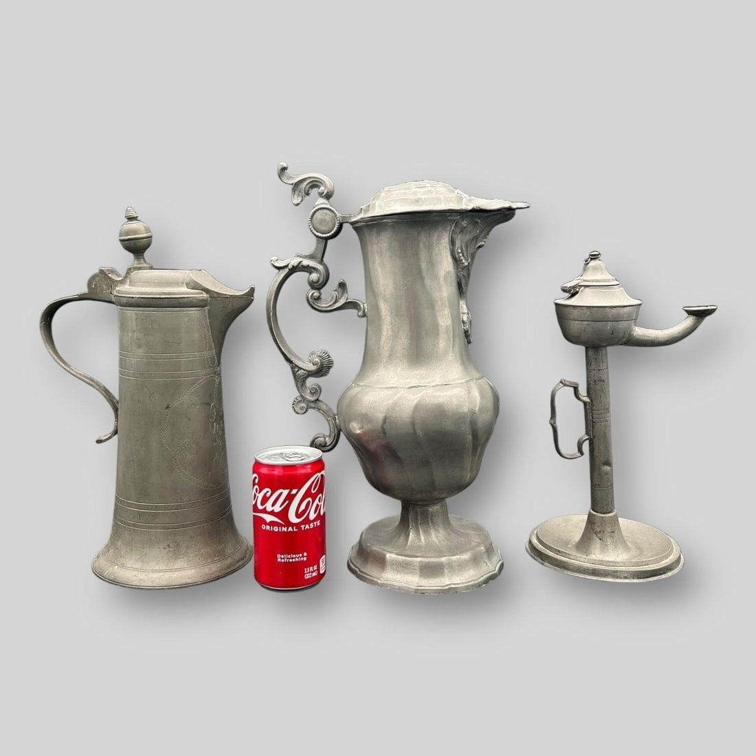 Antique Lot of 2 Pewter Pitchers 1814 & Oil Lamp (1 of 10)