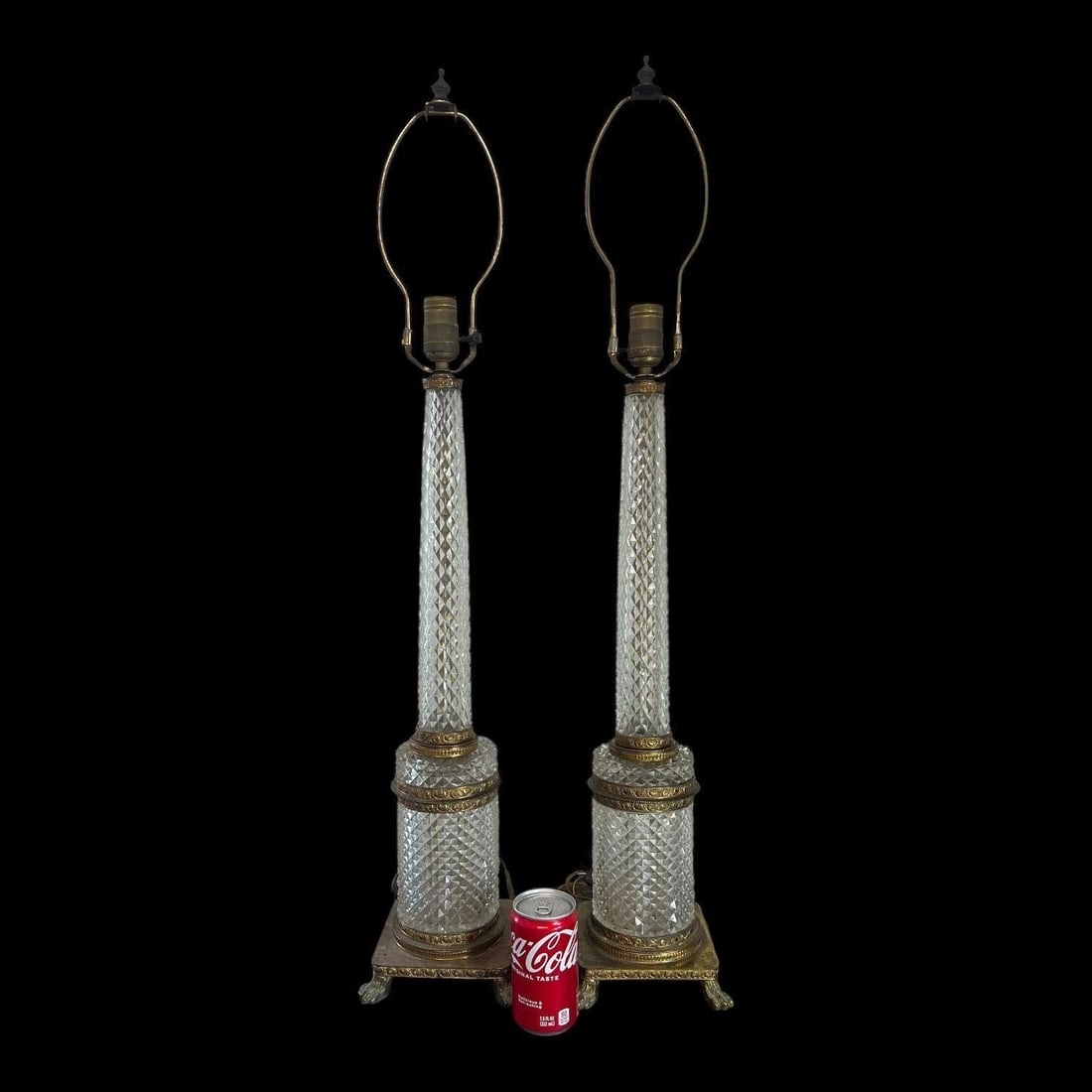 Pair of Antique Crystal Glass Table Lamps: Pair of Antique Crystal Glass Table Lamps. Unsigned. Dimensions (in): 32.50 x 5.50 x 5.50