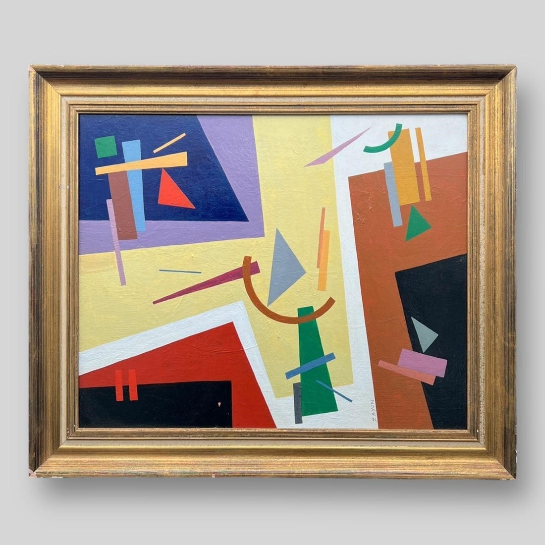 Framed Seymour Zayon (b. 1930) Modernist Painting: Framed Seymour Zayon (b. 1930) Modernist Geometric Painting. Oil on canvas. Signed bottom right side. Painting Size (in): 15.25 x 19.25. Dimensions (in): 19.50 x 23.50 x 1.