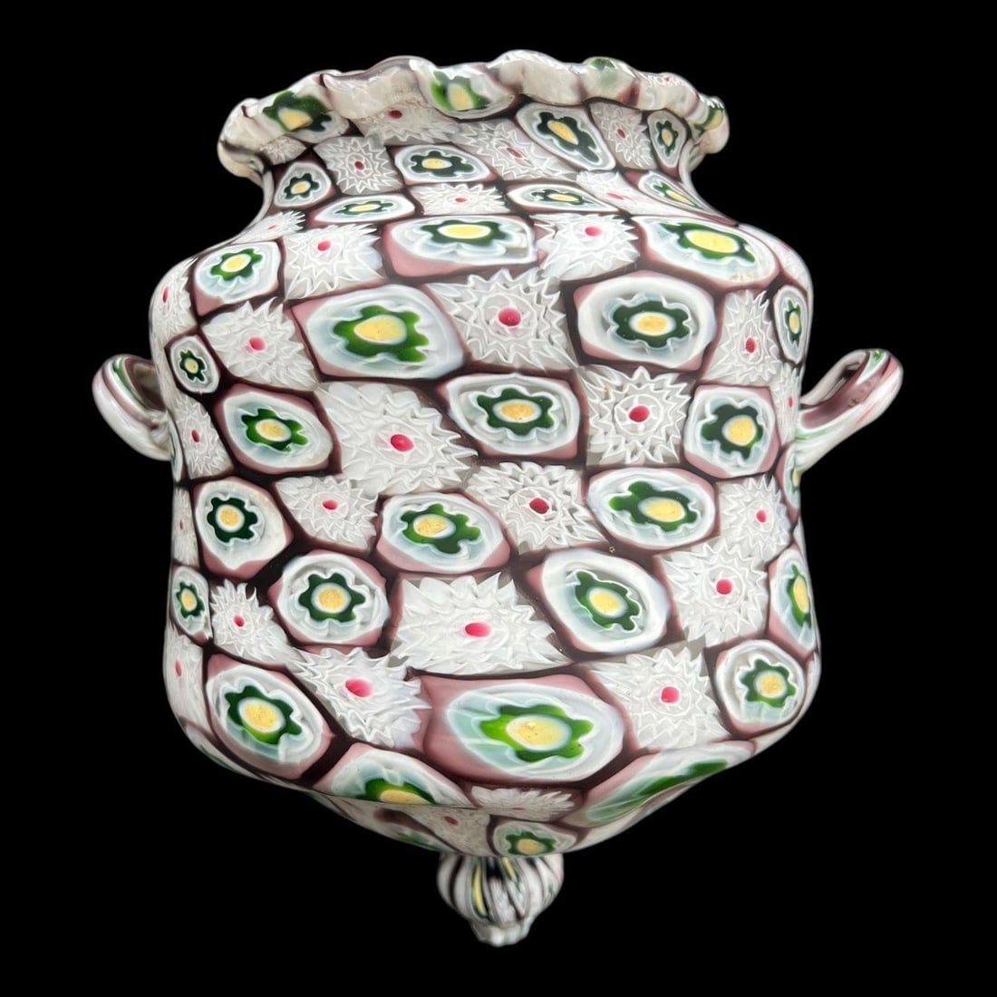 Italian Millefiori Art Glass Hanging Planter: Italian Millefiori Art Glass Hanging Planter. Unsigned. Twin Handled. Dimensions (in): 9.50 x 8 x 6.75
