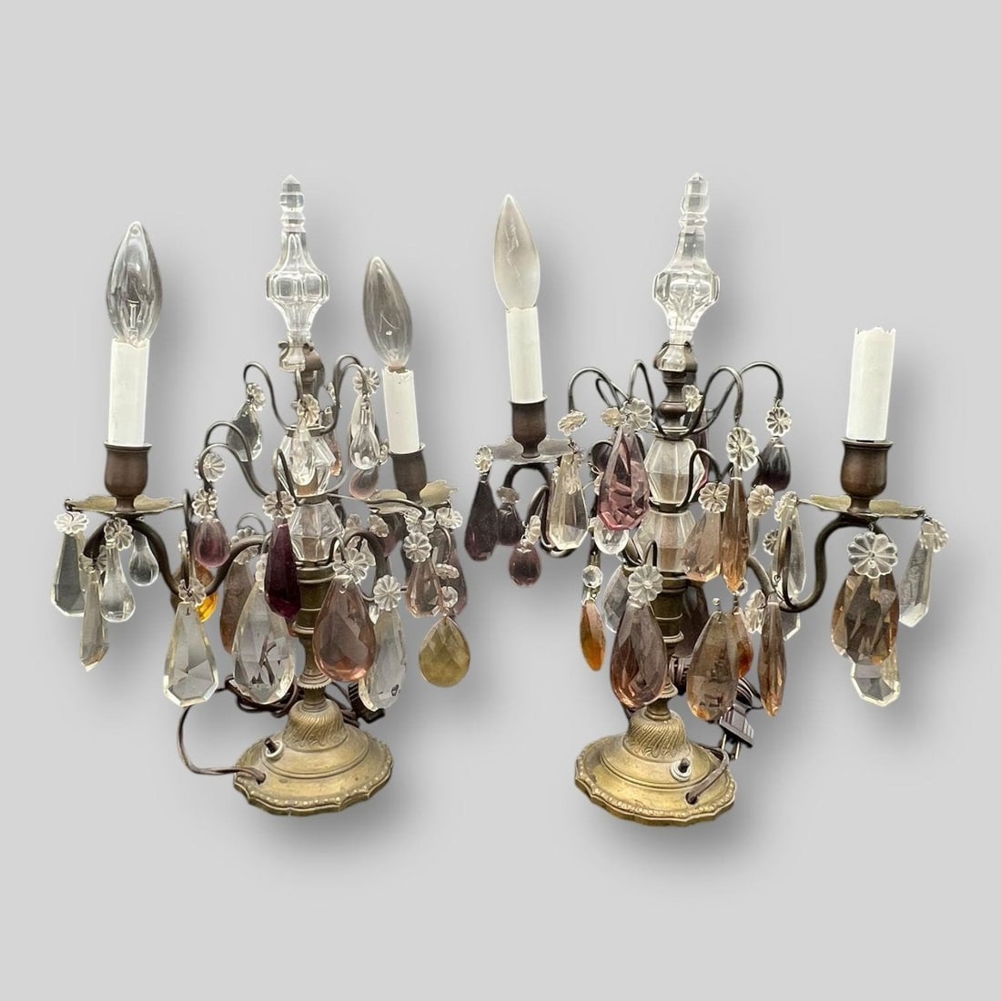 Antique Pair of Bronze & Hanging Crystals Lamps (1 of 7)