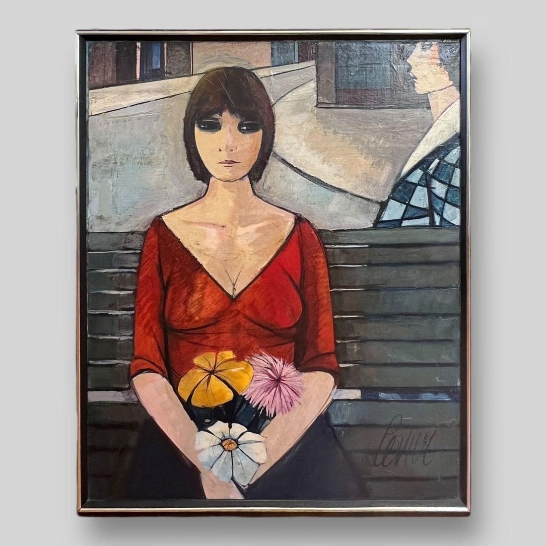 Charles Levier (French, 1920-2004) Oil Painting: Charles Levier (French, 1920-2004) Oil Painting Titled 'Femme Fille Sur un Banc.' or Girl on a bench. Painting Size: 29.75 x 23.75. Frame size: 31.50 x 25.5 x 1.5 in.