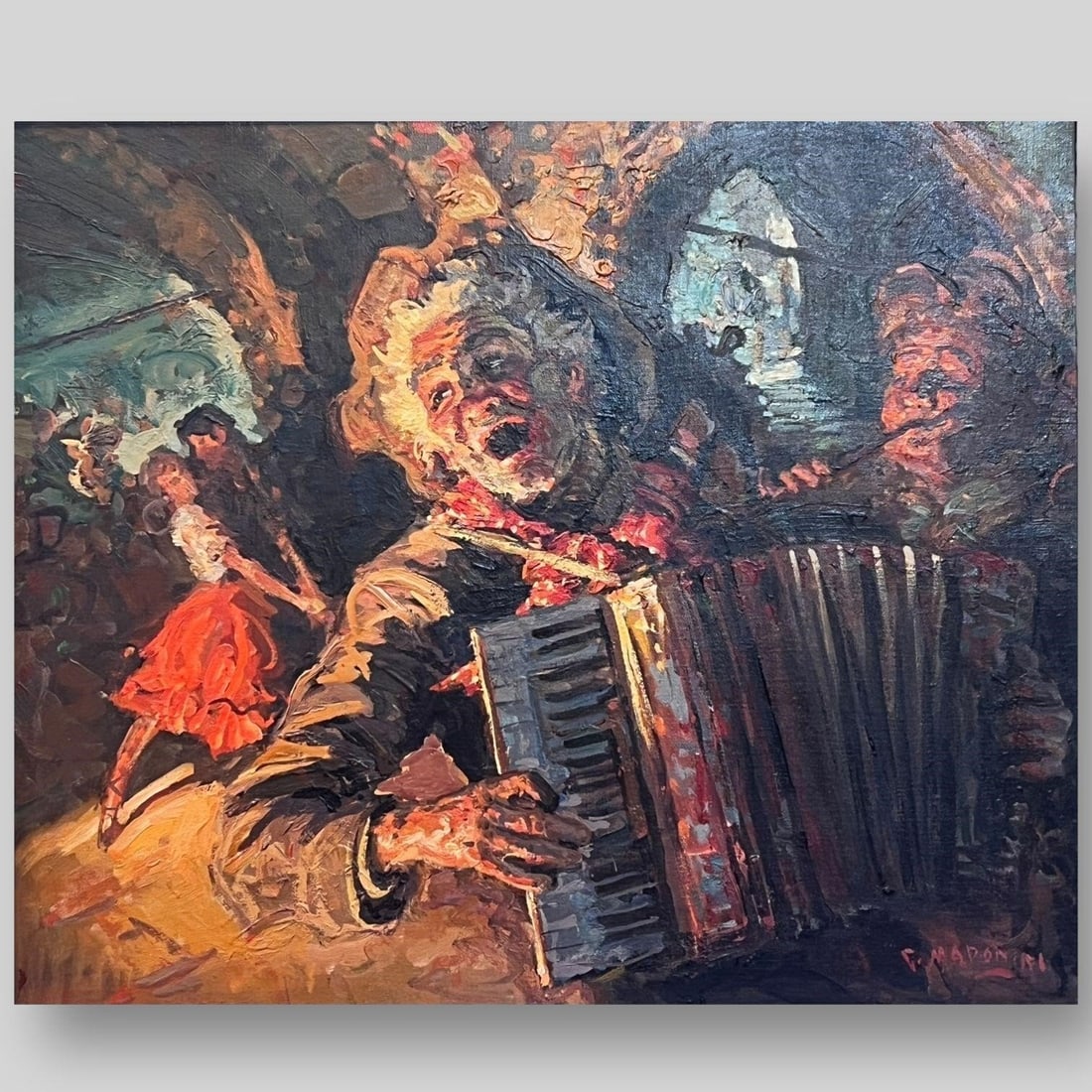 Giovanni Madonini (Italian 1915-2001) Oil Painting: Giovanni Madonini (Italian 1915-2001) Oil Painting depicting a musician playing an accordion in a tavern and a couple dancing in the background. Painting is very colorful and full of energy. Painting