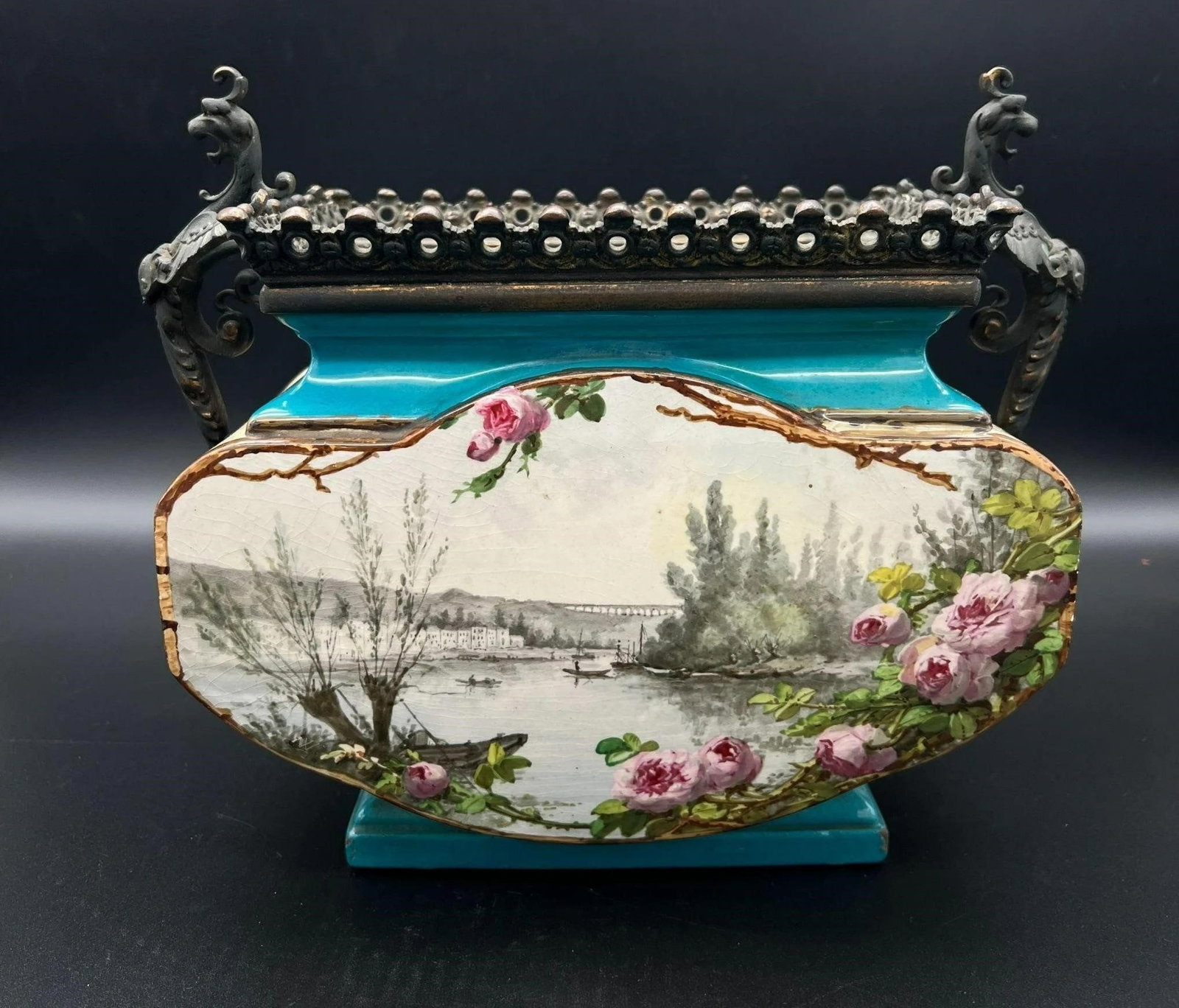 Antique Porcelain & Brass Hand Painted Bowl/Vase: Antique Porcelain & Brass Hand Painted Bowl/Vase. Signed on the bottom: KF N27. Three small chips on the side corner. Dimensions (in): 9.75 x 10.25 x 5.75.