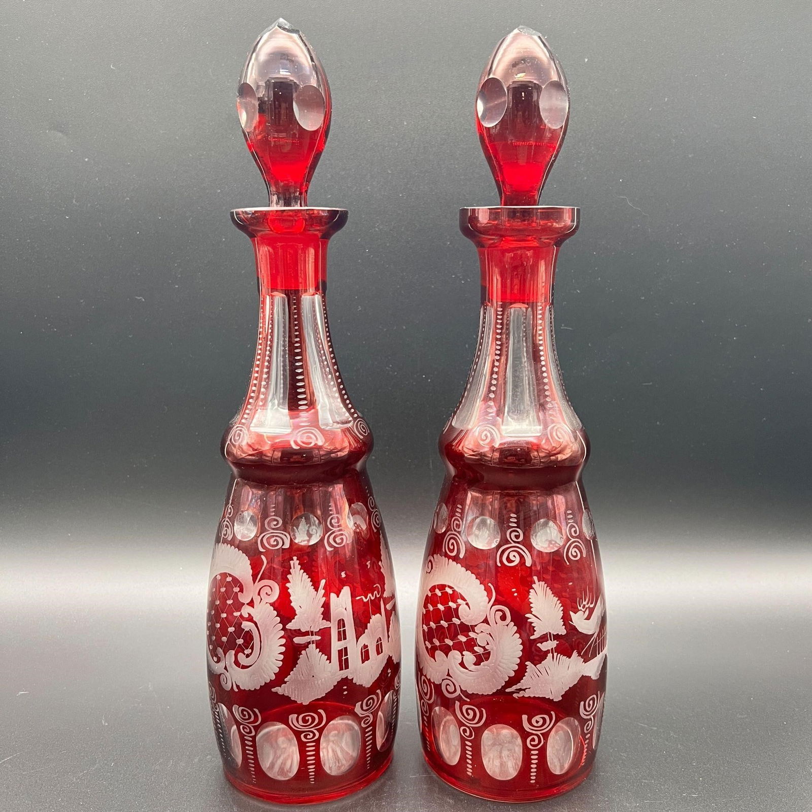 Pair Bohemian Ruby Cut to Clear Crystal Decanters (1 of 7)