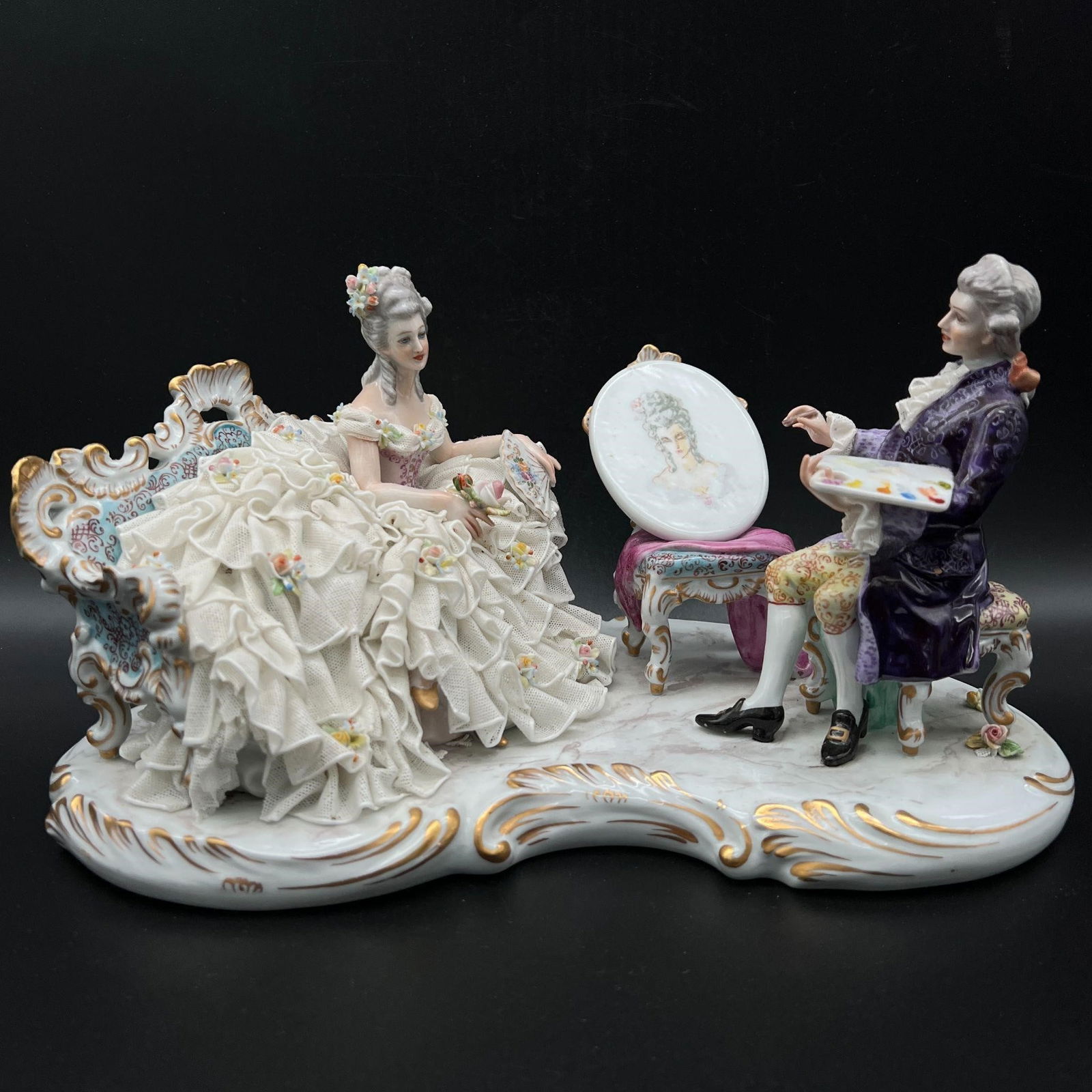 Italian Porcelain & Lace Figural Grouping Painting (1 of 10)
