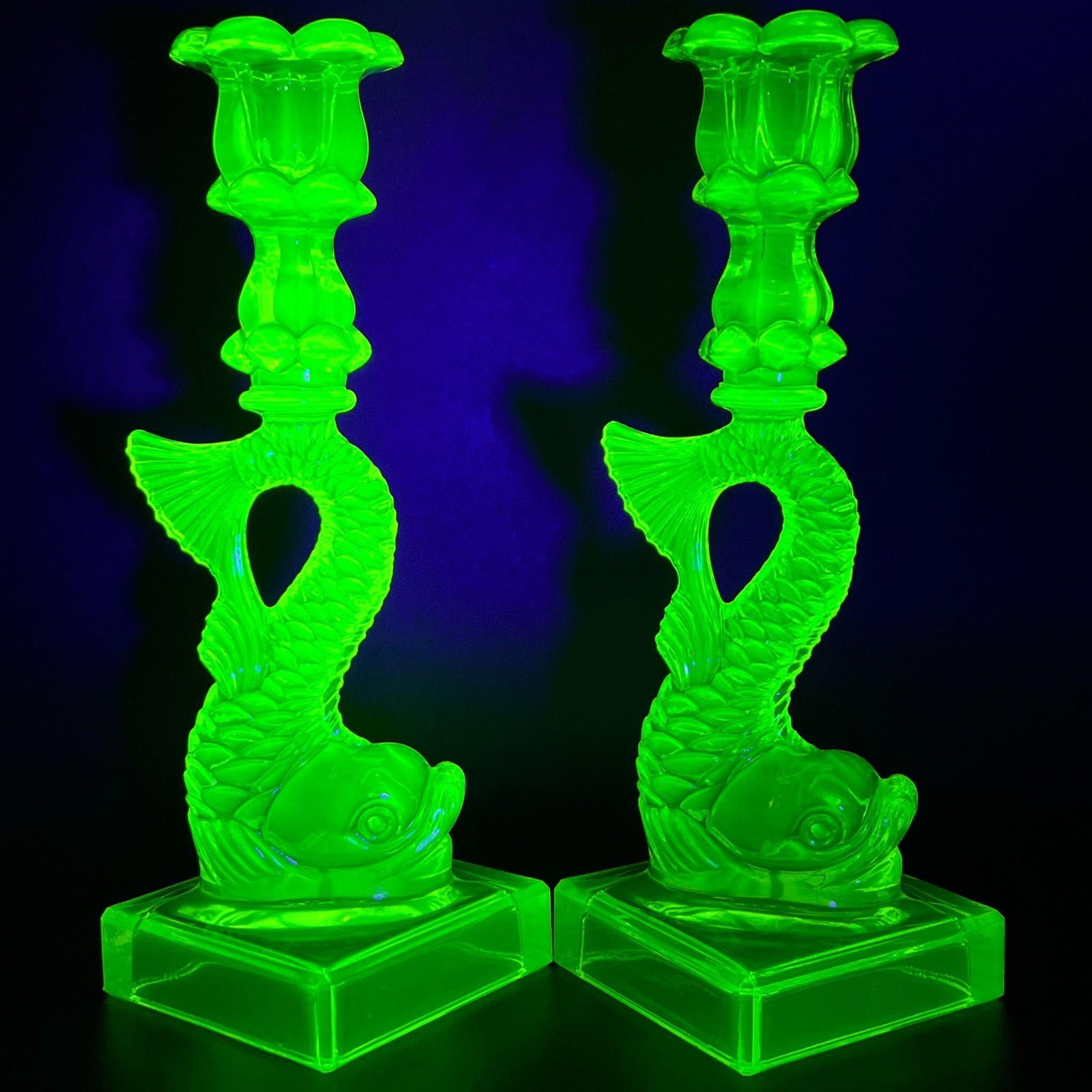 MMA Uranium Vaseline Glass Dolphin Candlesticks (1 of 10)