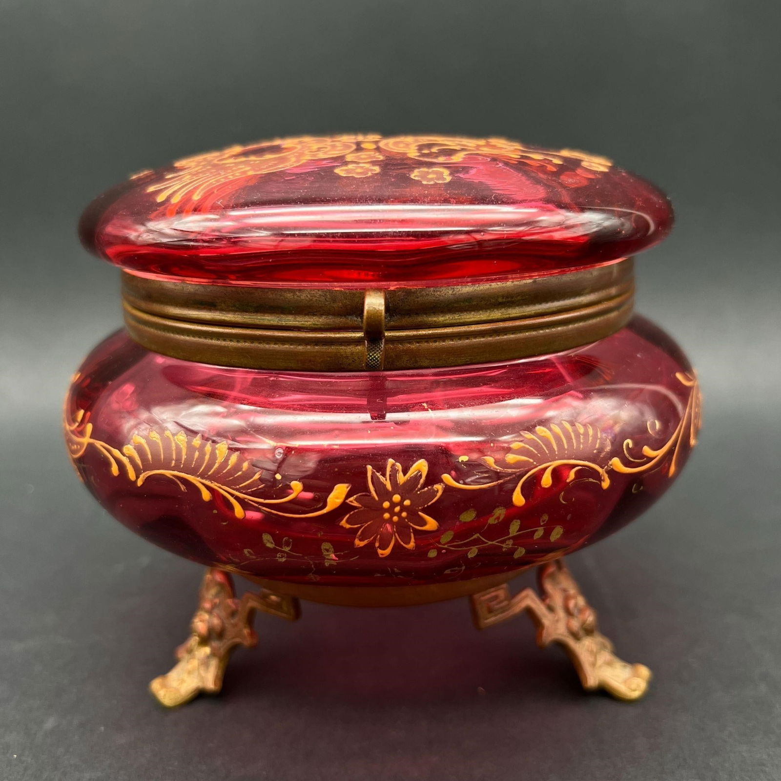 Red Enameled Cranberry Art Glass Gilt Lidded Box (1 of 9)