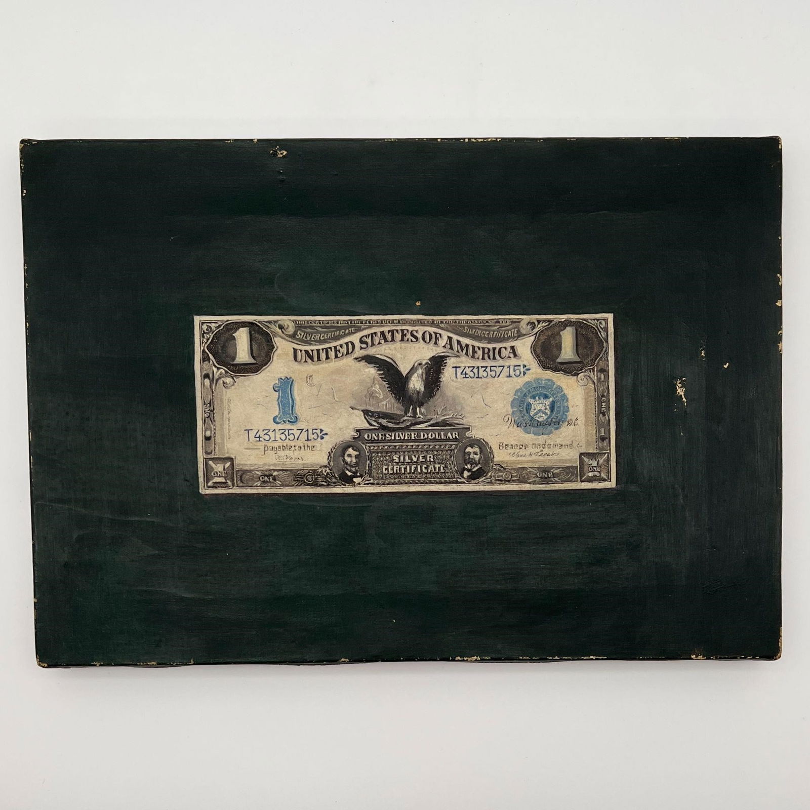 Victor Dubreuil (b. 1942-?) Trompe L'oeil Painting: Victor Dubreuil (b. 1942-?) Trompe L'oeil Painting. On canvas. Depicts one silver certificate dollar banknote against a black background. This piece is unsigned. Attributed to Victor Dubreuil (French