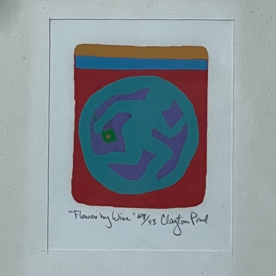 Clayton Pond (b. 1942) Flower By Wine Print #9/43: Clayton Pond (b. 1942) Flower By Wine Print #9/43. Titled 'Flowers by Wine.' #9/43. Approx. Frame Size (in): 10.75 x 10.75 x 0.5, Approx. Print Size (in): 3 x 2.25.