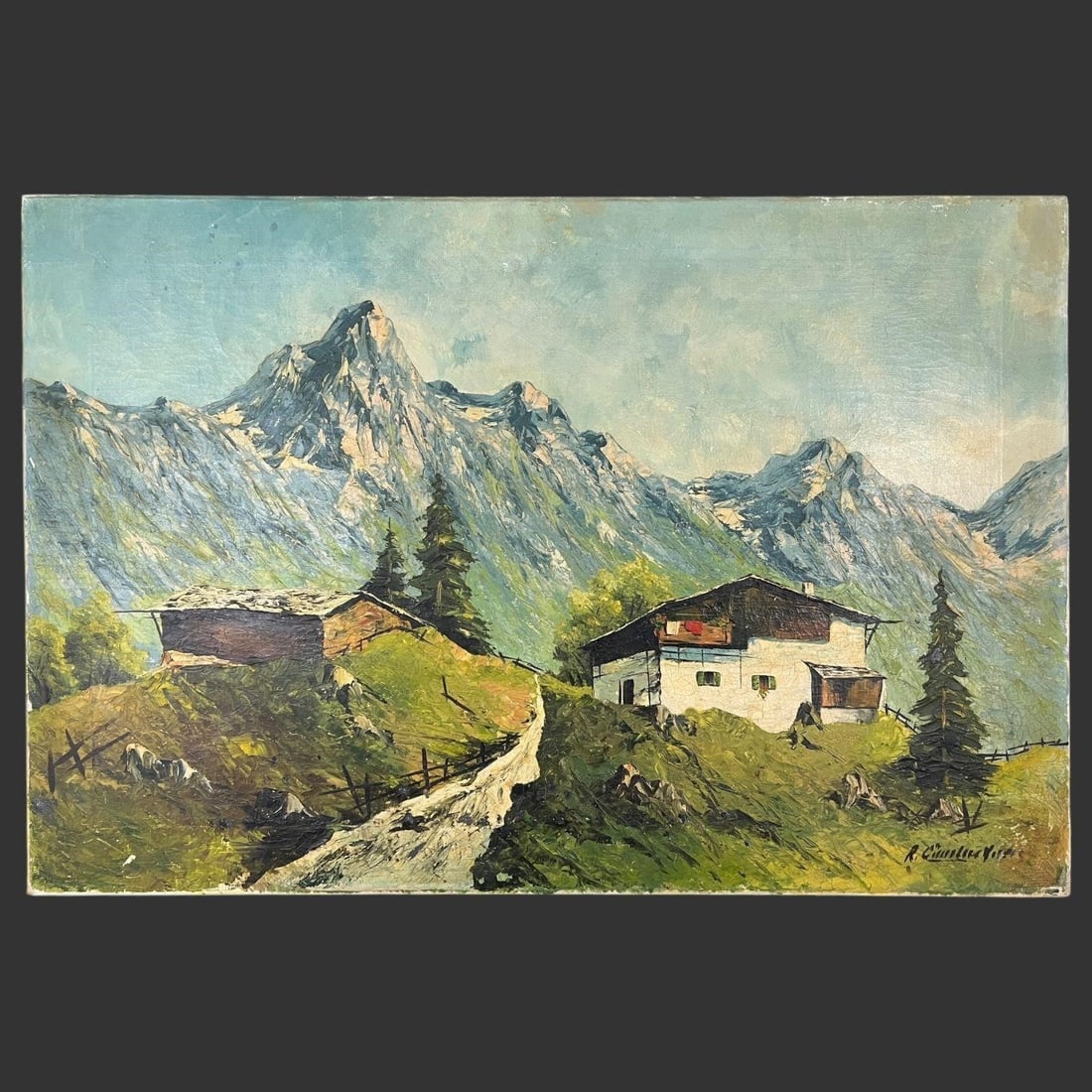 Alpine Mountain Village Landscape Oil Painting: Alpine Mountain Village Landscape Oil Painting. On canvas. Depicts the Tyrol Mountains of Austria with 2 homes in the foreground. Illegibly signed on the bottom right corner. A few places have damage