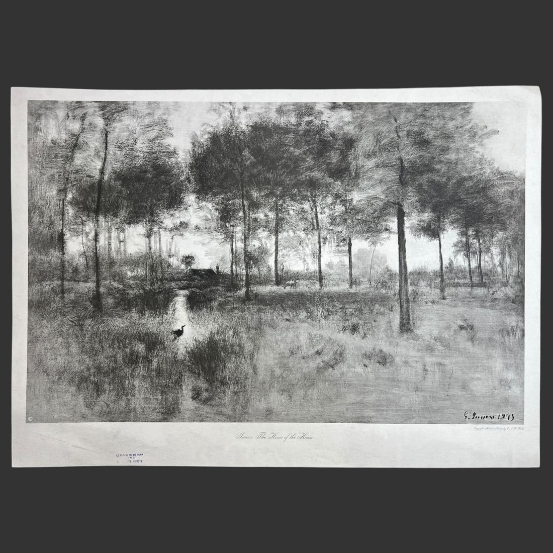 George Inness (USA, 1825-1894) Landscape Print: George Inness (USA, 1825-1894) Landscape Print. Landscape scene. Titled 'The Home of the Heron.' Approx. Size (in): 23.75 x 33.25, Approx. Print Size (in): 20.25 x 31.25.