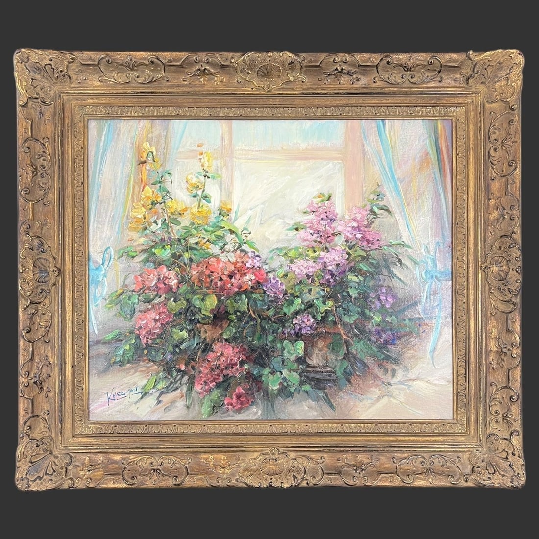 Janez Knez (Slovenia, 1931-2011) Oil Painting: Janez Knez (Slovenia, 1931-2011) Oil Painting . Flowers Still life. Signed on bottom left corner by Janez Knez (Slovenia, 1931-2011). Approx. Frame Size (in): 26.75 x 30.75 x 1.75, Approx. Painting Si