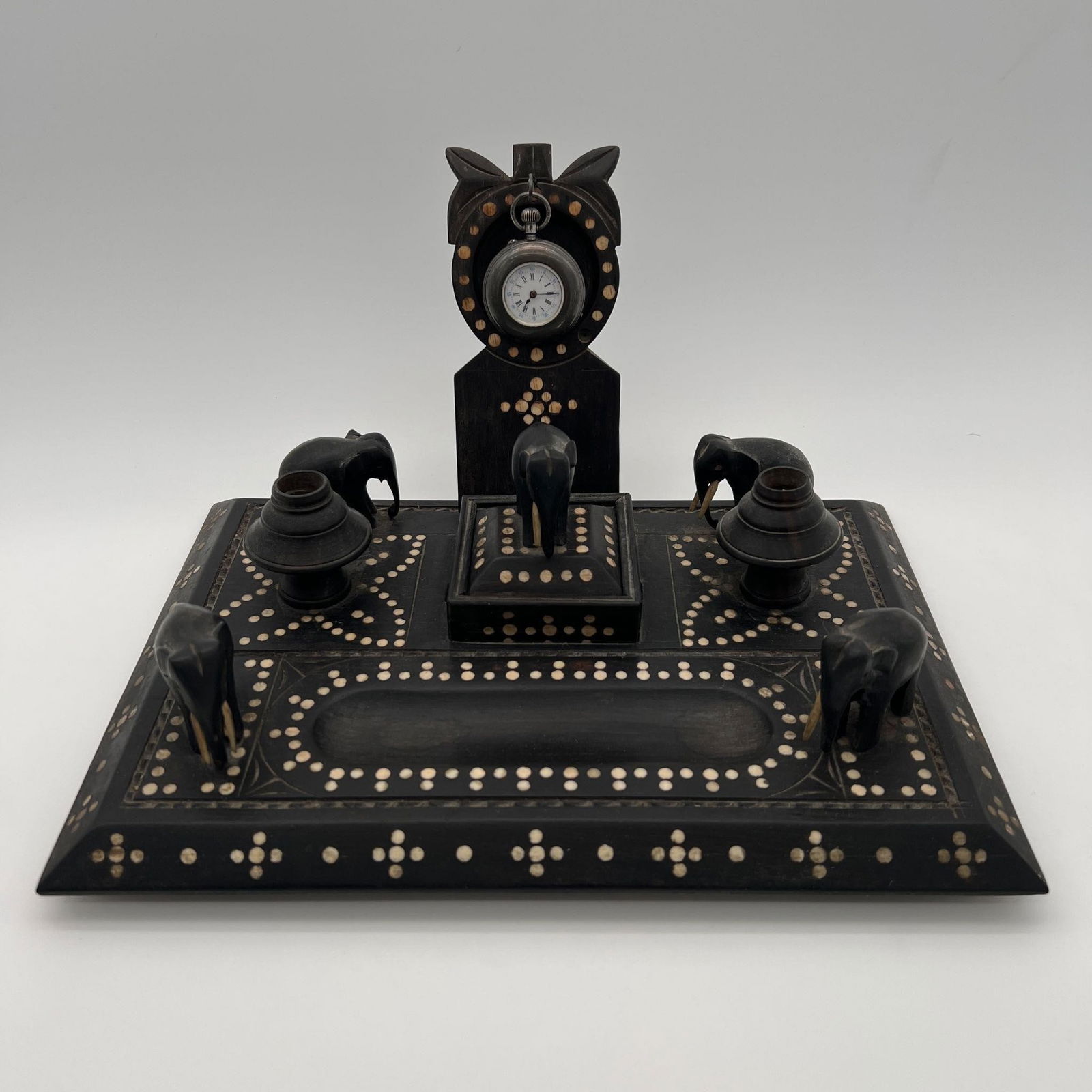 Carved Elephant Pocket Watch Desk Stand Inkwell (1 of 16)