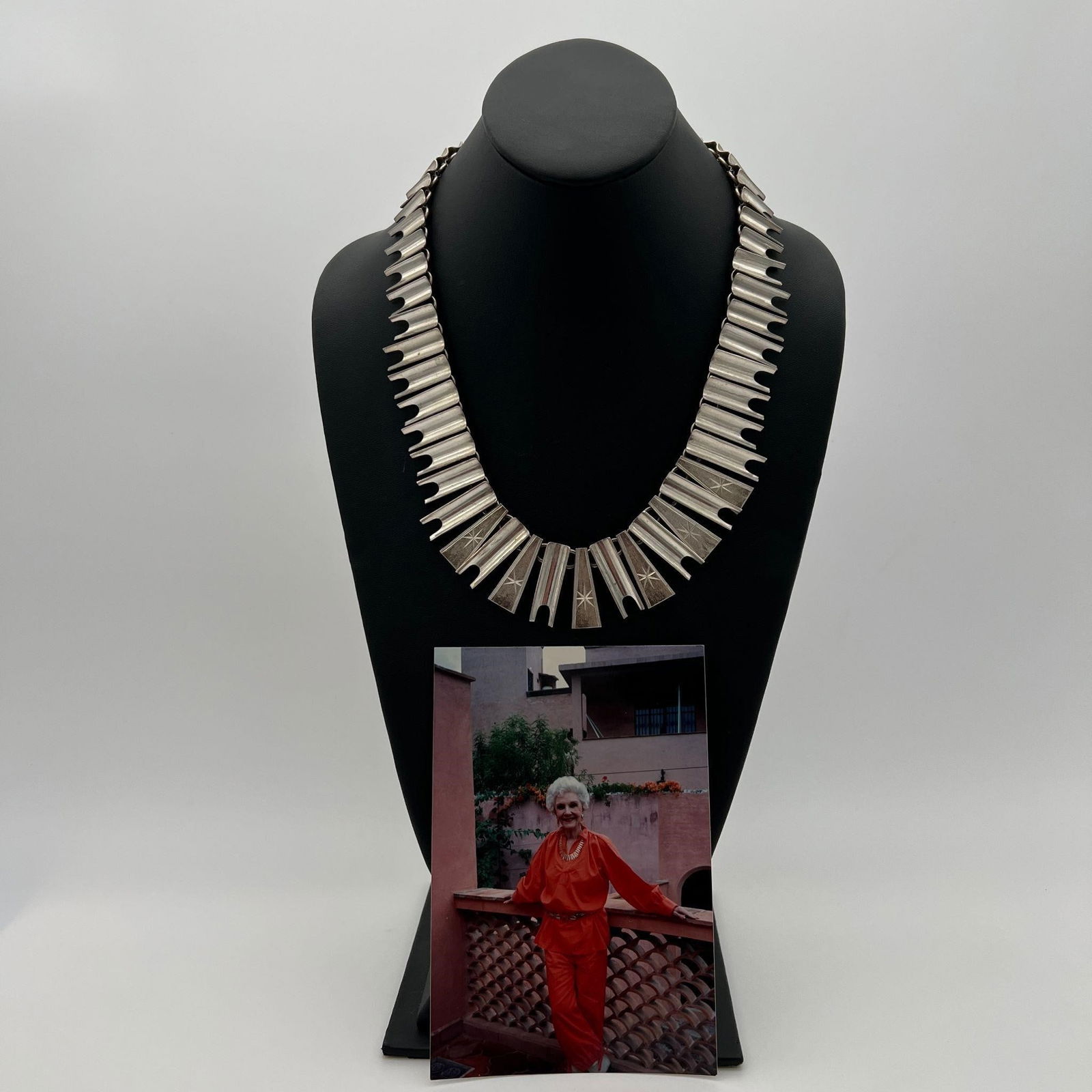 Sterling Silver Necklace worn by Mary Martin: Sterling Silver Necklace worn by Mary Martin. Marked Sterling Silver. Includes photograph of Actress Mary Martin wearing the necklace. Approx. Length (in): 21.5. Approx. Weight: 4.125 ozt. Mary Virgin