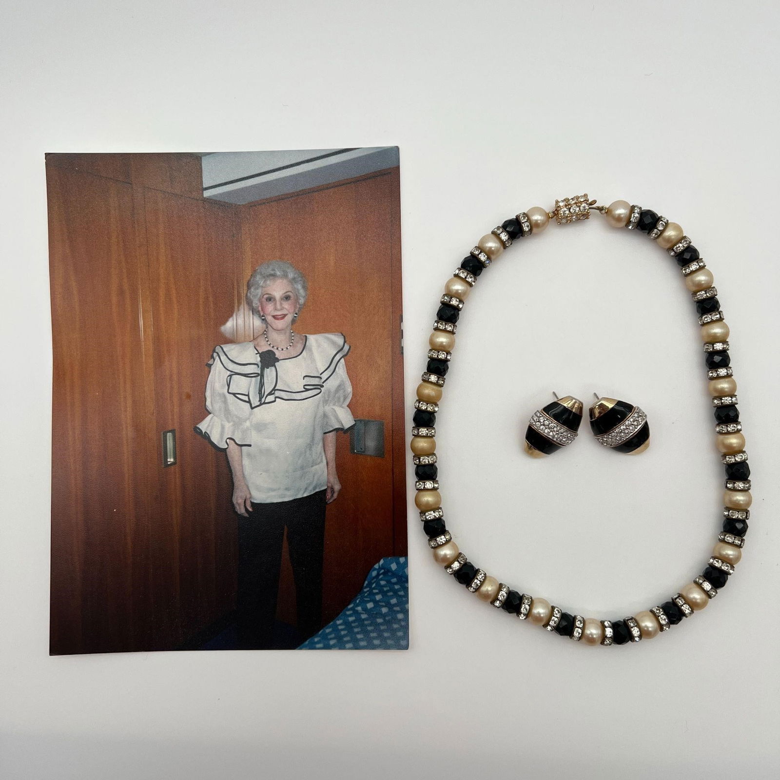Necklace & Earrings Set worn by Mary Martin: Necklace & Earrings Set worn by Mary Martin. These pieces are not signed. Includes photograph of Actress Mary Martin wearing the necklace. Approx, Length (in): 16. Approx. Earing Size (in): 1 x 0.75.