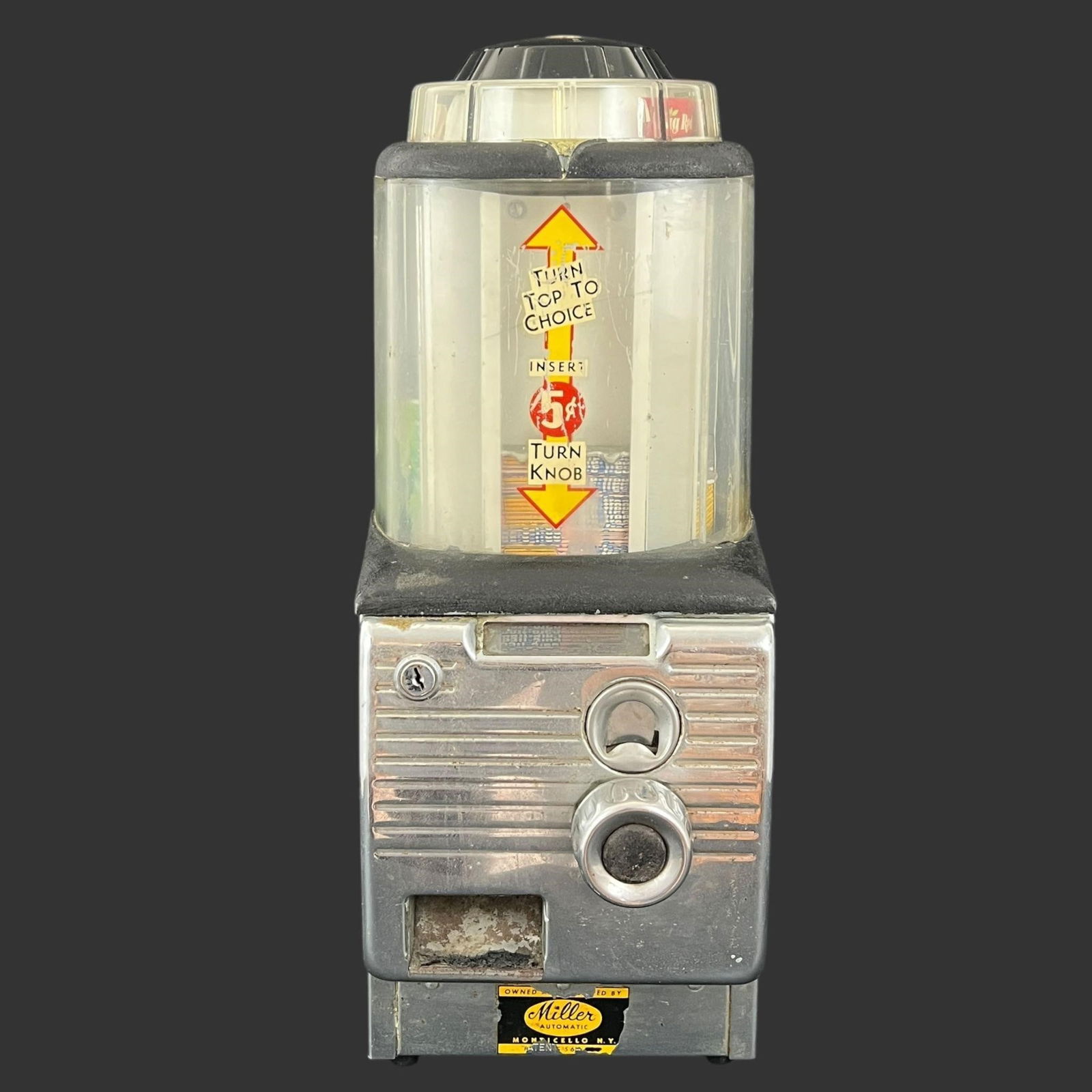 Miller Automatic 5 Cents Vendor Gum Ball Machine: Miller Automatic 5 Cents Vendor Gum Ball Machine . No key. Original paper labels. Approximate dimensions (in): 19.75 x 7.5 x 9.25.. Buyer pays shipping cost. We provide in-house shipping for some of t