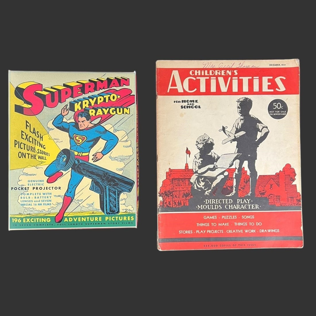 Superman Krypto-Ray Gun & Children's Activities: Superman Krypto-Ray Gun & Children's Activities. Lot includes Daisy Superman Krypto-Raygun Projector Pistol and Children's Activities for home and school book with Krypto-Raygun advertising. Approxima