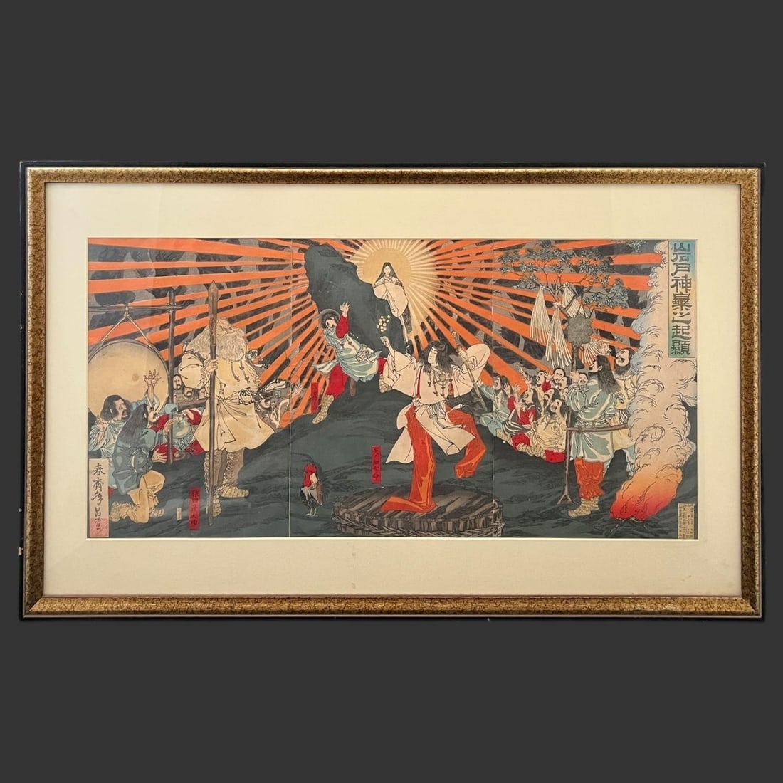 Eda Shunsai Toshimasa (Japan, 1866-1913) Print: Eda Shunsai Toshimasa (Japan, 1866-1913) Print. Woodblock print. Triptych. Framed & signed. Titled 'Origin of the Cave Door Dance (Amaterasu).' Approximate frame size (in): 20.5 x 33.5 x 0.5, Approxim