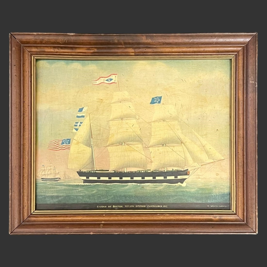 Saxony Boston Nelson Scudder Commander 1842 Print: Saxony Boston Nelson Scudder Commander 1842 Print. Illegibly signed bottom right corner. Approximate frame size (in): 12.75 x 16 x 1.25, Approximate Painting Size (in): 9.75 x 12.75. Buyer pays shippi