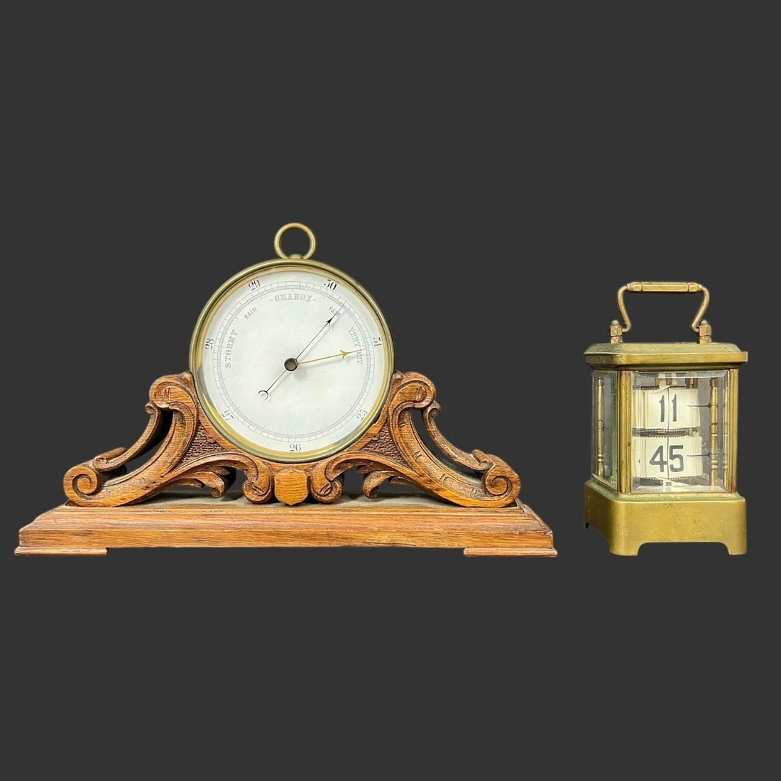 Antique Bronze Plato Flip Clock & Wood Barometer (1 of 7)