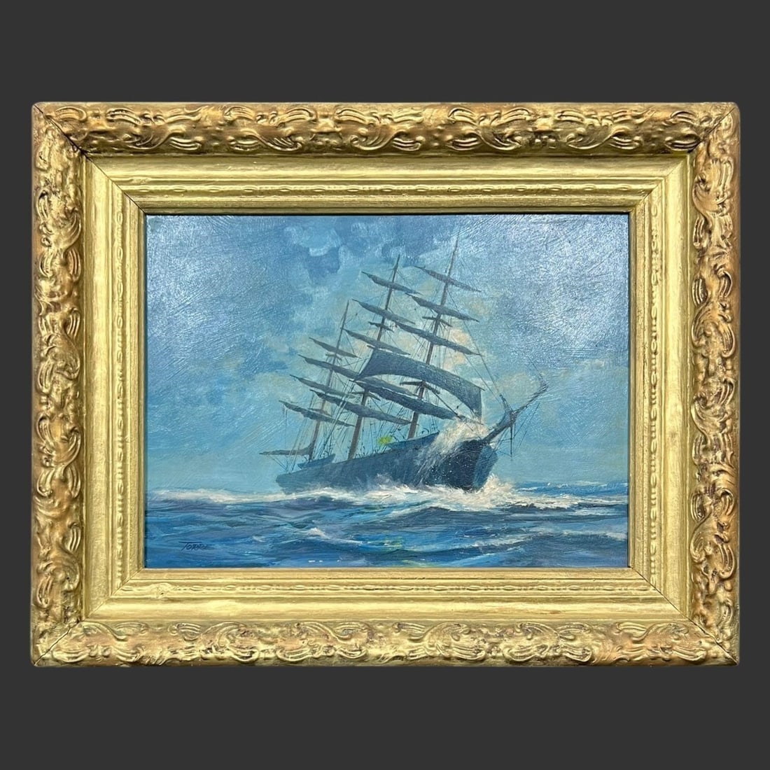 Framed & Signed 3-Masted Sailing Ship Oil Painting (1 of 5)