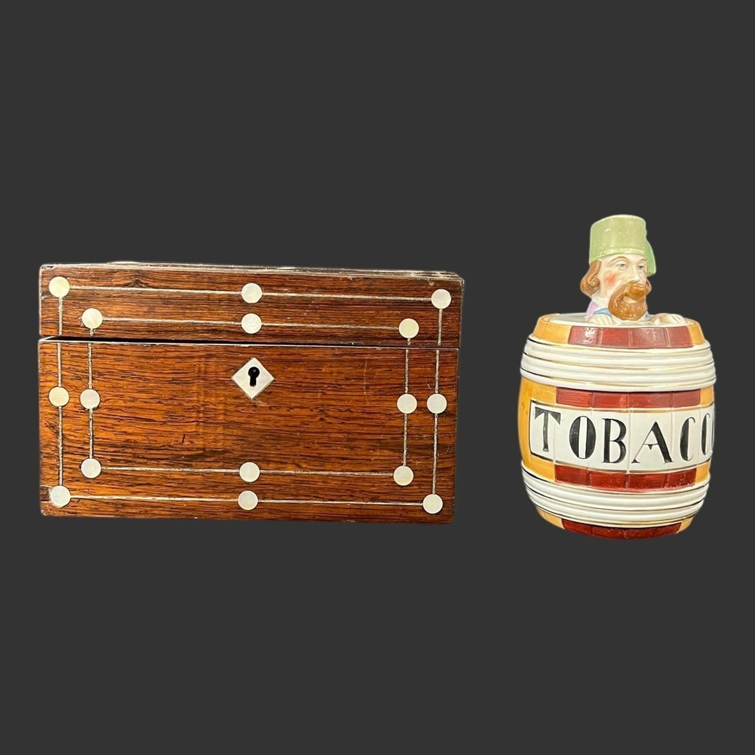 Lot of 2 Antique Tobacco Wood & Ceramic Containers (1 of 14)