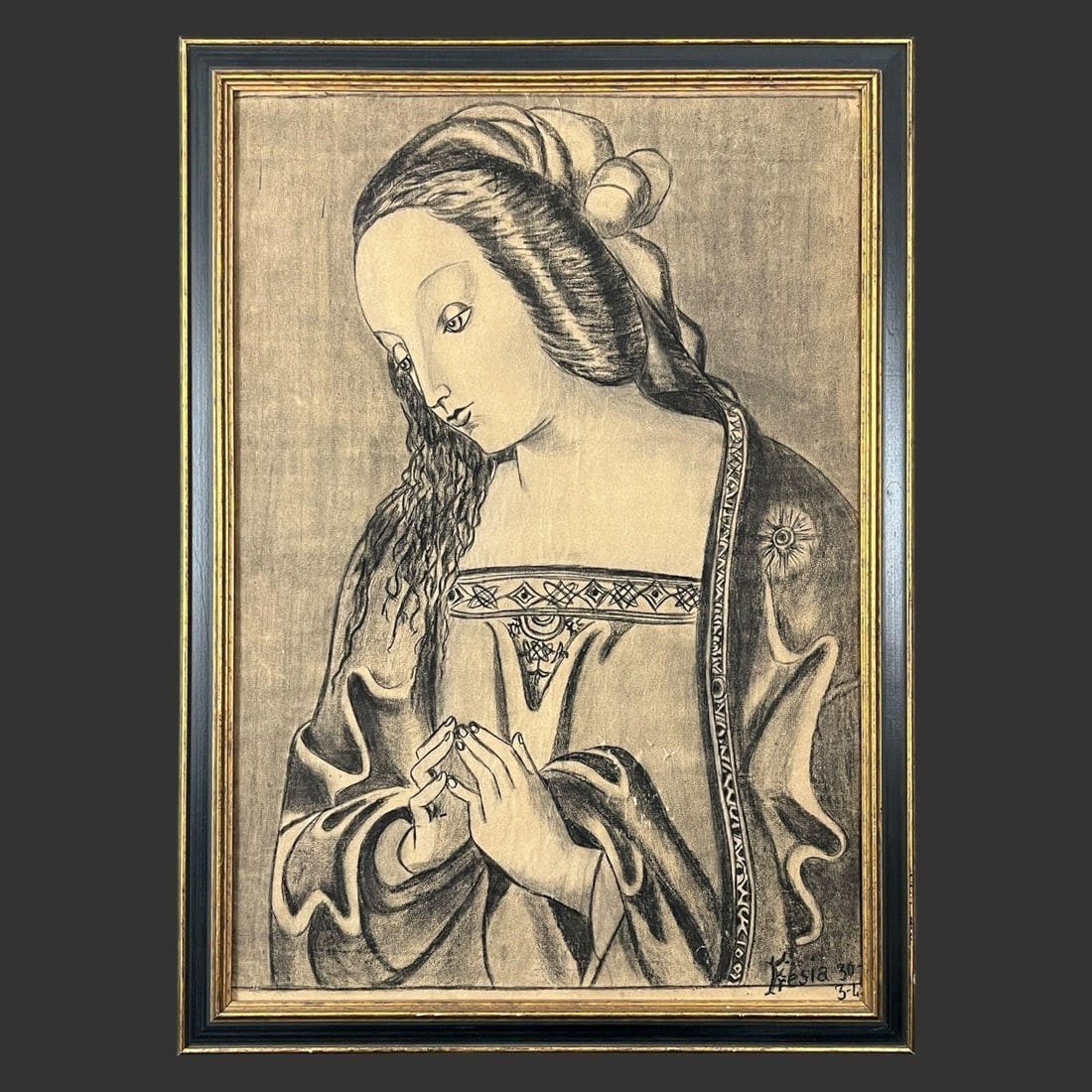 The Virgin Mary Signed Pencil Sketch: The Virgin Mary Signed Pencil Sketch. Signed 'Fresia' on the bottom right corner. Approximate frame size (in): 28.5 x 20.5 x 0.5, Approximate Sketch Size (in): 25.5 x 17.5. Buyer pays shipping cost. W
