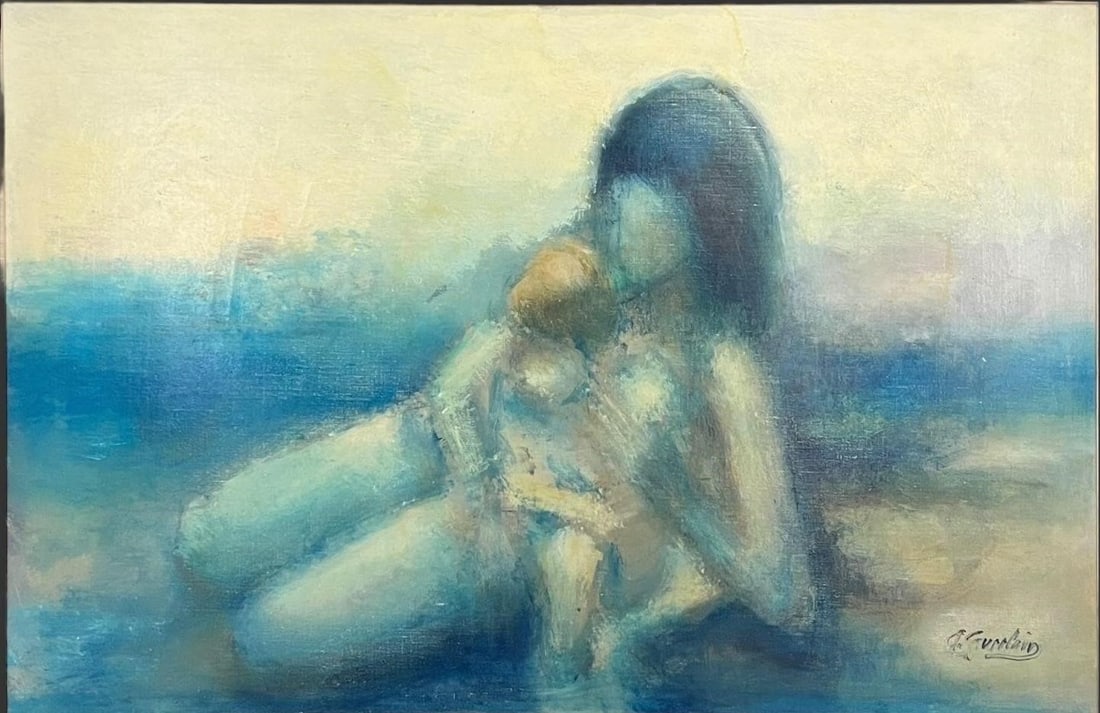 A. Guerlain (French, B.1925) Nude Oil Painting: A. Guerlain (French, B.1925) Nude Oil Painting. Painting depicts a nude mother and her child. Illegibly signed on the bottom right corner. Approximate frame size (in): 34.25 x 46.5 x 2, Approximate Pa