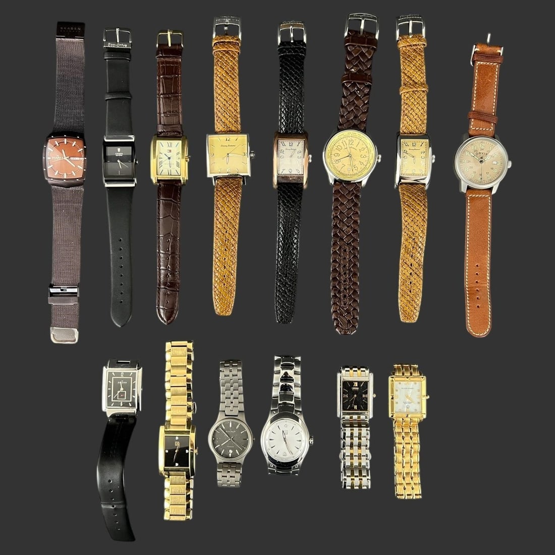 Vintage Lot of 14 Men's Wristwatches: Vintage Lot of 14 Men's Wristwatches. Lot includes Klaus-Kobec, Tommy Bahama, Hilfiger, Skagen, Orvis, Citizen, Esq. Approximate round biggest watch size: 42mm.. Buyer pays shipping cost. We provide i