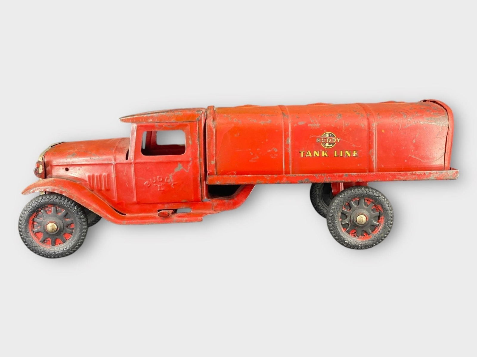 Buddy L Pressed Steel Tank Line Truck 19 in.: Buddy L Pressed Steel Tank Line Truck 19 in. Red, yellow, black. Approx. Size (in): 19.5